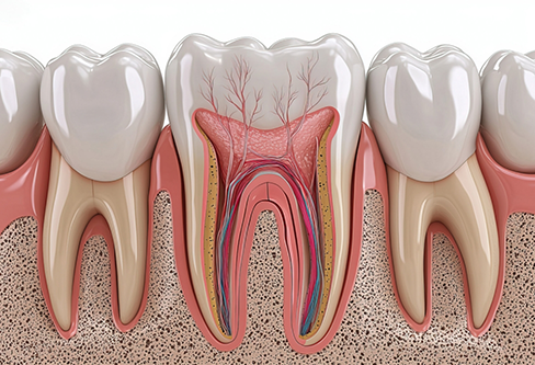 Illustration of a tooth in the jaw showing the layers inside of it