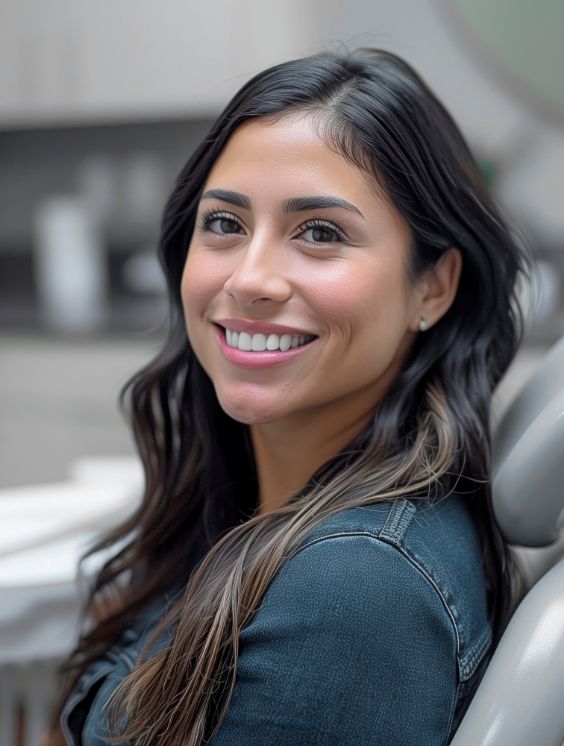 Woman with long dark hair smiling in the dental chair